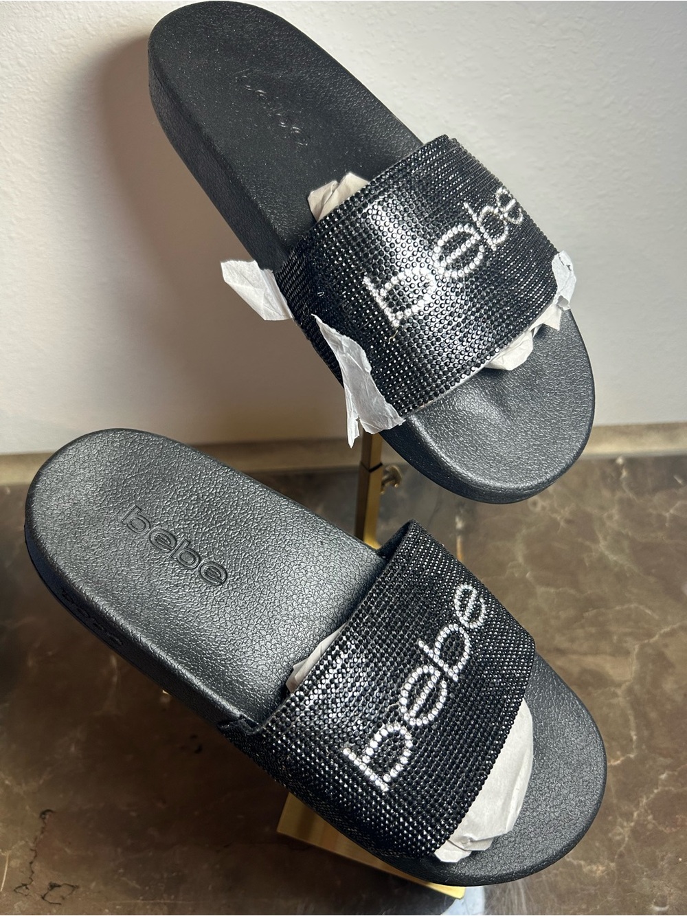 bebe Black Crystal Logo Slide Sandals